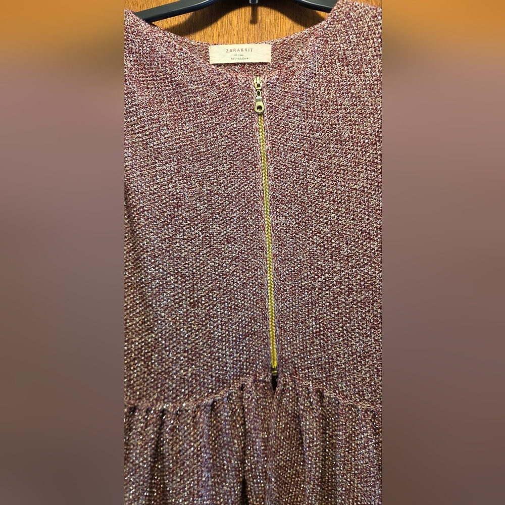 Zara Metallic Pink/Plum Silver Metalic Knit Zip Front Top SzL - Picture 2 of 12